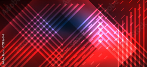 Background neon glowing lines and geometric shapes. Lights in the dark wallpaper for concept of AI technology, blockchain, digital, communication, 5G, science