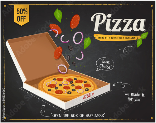 Pizza creative vector illustration on black chalk background