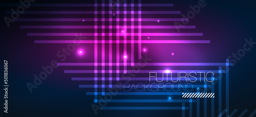Background neon glowing lines and geometric shapes. Lights in the dark wallpaper for concept of AI technology, blockchain, digital, communication, 5G, science
