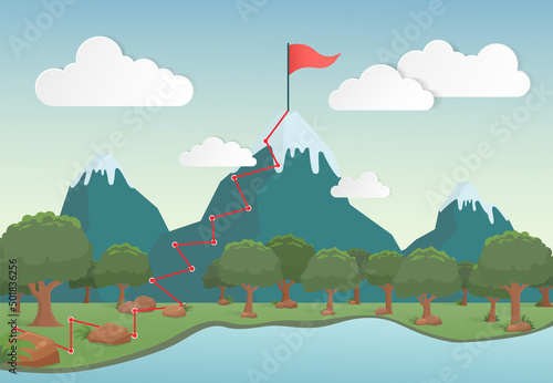 Business concept mission complete. The journey to success has many obstacles. Path to success. Vector illustration Eps10.
