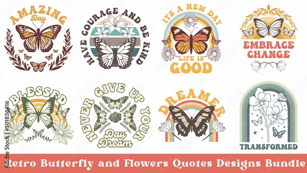 Retro Butterfly T shirt Design Bundle, Retro Wildflowers Design Bundle, Set of Butterfly - obrazy, fototapety, plakaty 