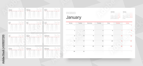 Monthly calendar template for 2023 year. Week Starts on Monday. Desk calendar in a minimalist style. 