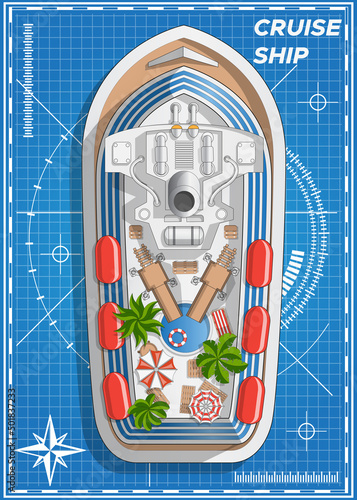 Cruise liner on a blue background. View from above. Isolated on white background. Vector illustration.