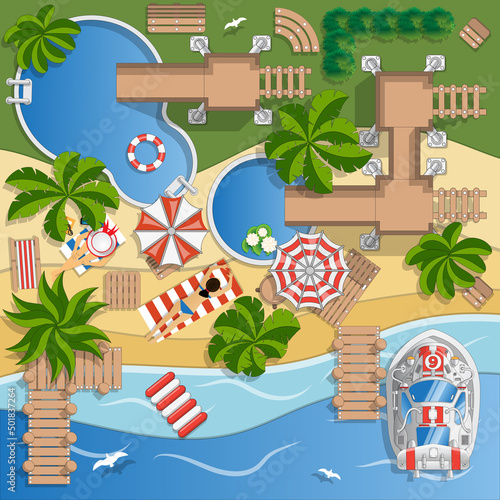 Beach vacation. A place to relax. View from above. Vector illustration.