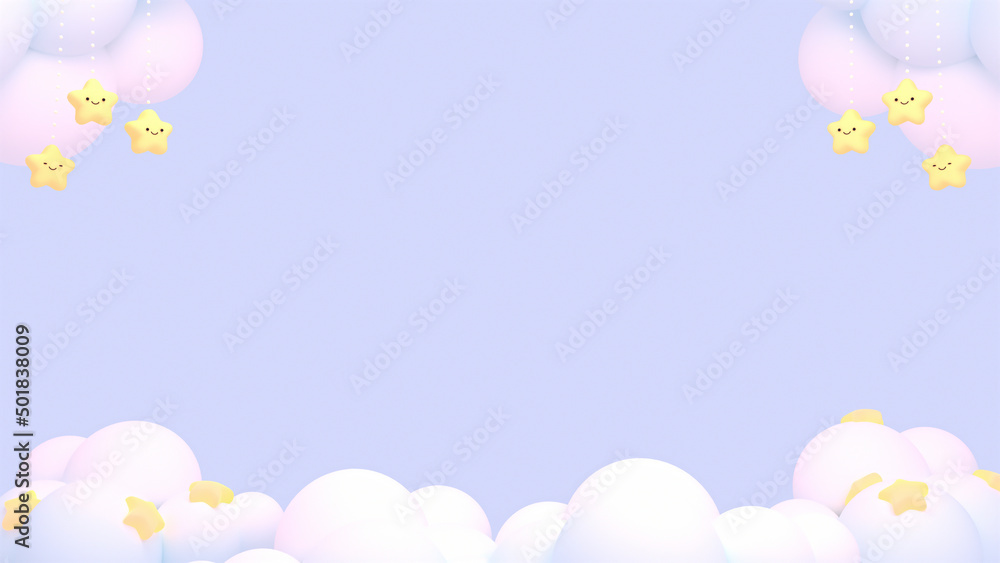 3d rendered cartoon adorable smiling hanging stars and clouds.