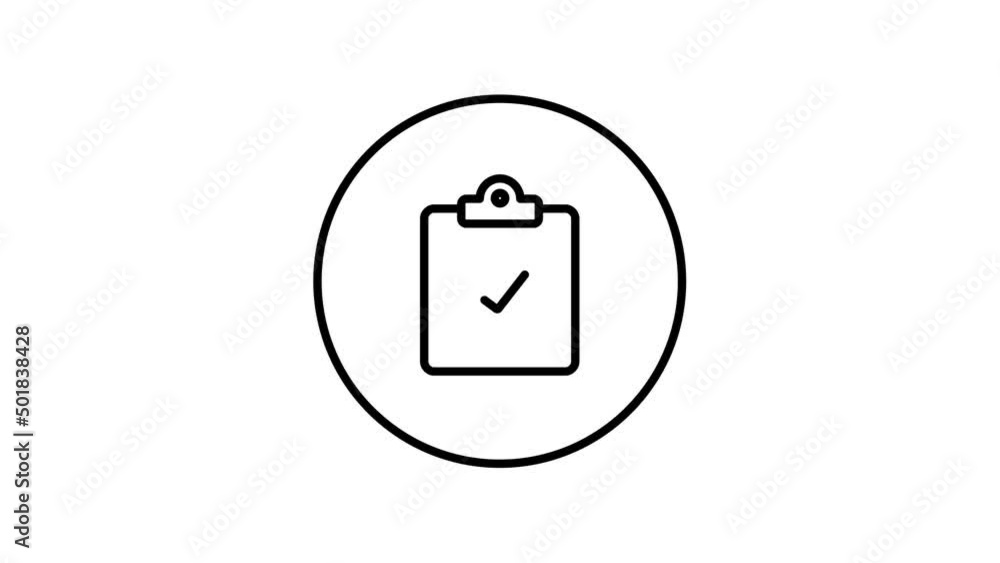 Clipboard check mark line icon inside circle, document approved, black and white outline, line icon animation Clipboard check mark line icon inside circle, document approved, black and white outline, line icon animation
