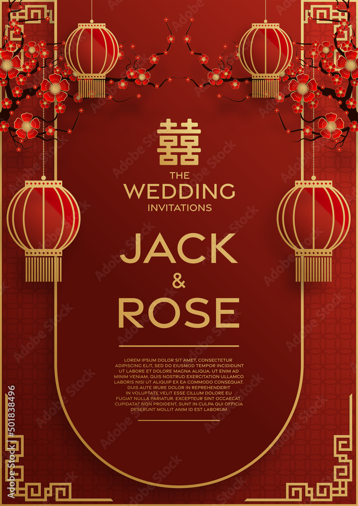 Naklejka premium Chinese wedding traditional card with red and gold