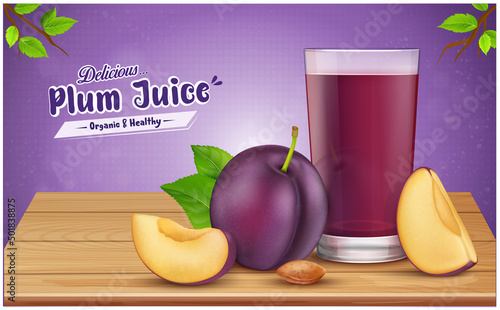 Delicious Plum fruit with fruit slices and juice glass vector illustration on wooden chopping board