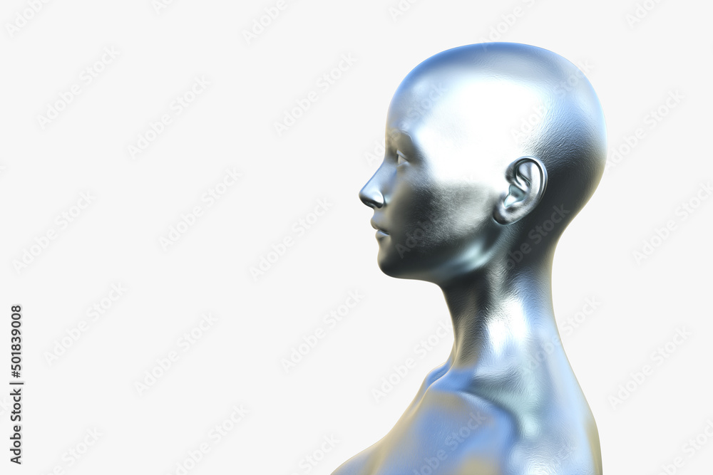 3D render portrait of a silver bald woman on a white background.