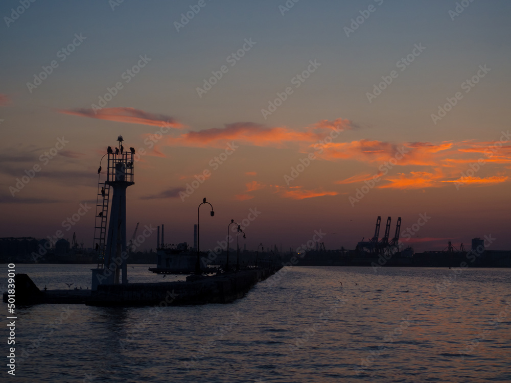 Beautiful sunset above port with silhouettes of cargo cranes. Industrial black sea port Odesa, Ukraine with a lot of cranes, cabins, boxes and tanks by the water at evening dusk