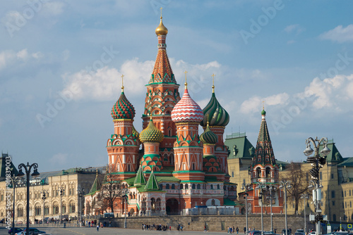 View of the ancient St. Basil's Cathedral (Protection of the Mother of God) on a sunny April day. Red Square, Moscow. Russia