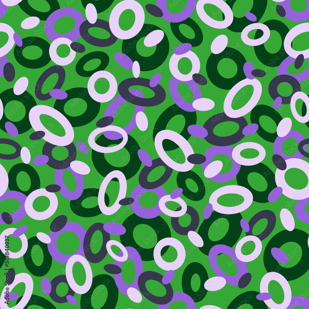 Bright geometric seamless pattern of colorful lilac rings on a bright green background Bright geometric seamless pattern of colorful lilac rings on a bright green background