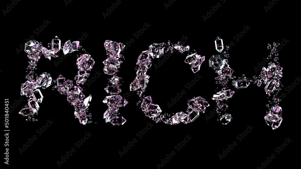 rich - text made of diamonds, on black background, isolated - object 3D rendering