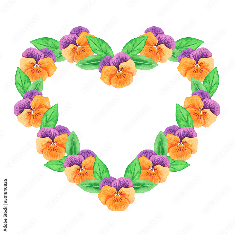 A heart of violets. Orange pansies. Watercolor illustration. Isolated on a white background.
