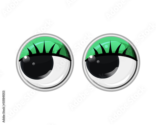 Toy plastic eyes with eyelashes and green eyelids. Vector cartoon illustration on a white isolated background. 