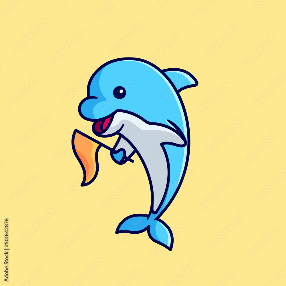 a happy cute dolphin bringing a flag cartoon illustration a happy cute dolphin bringing a flag cartoon illustration