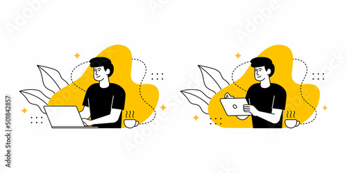 a man working with laptop and tablet illustration