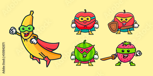 cute fruit super hero cartoon character illustration set