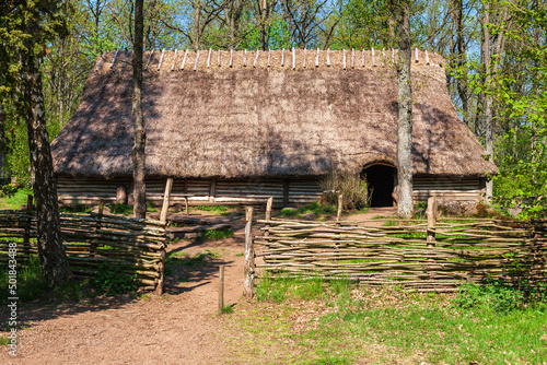 Reconstruction of a longhouse from the Stone Age photo
