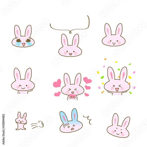 イラスト素材セット:かわいいウサギのキャラクターのカットイラスト3　ピンク色うさぎ/主線あり
