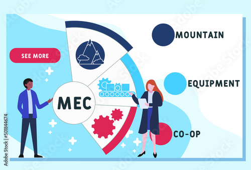 MEC - Mountain Equipment Co-Op acronym. business concept background.  vector illustration concept with keywords and icons. lettering illustration with icons for web banner, flyer, landing pag