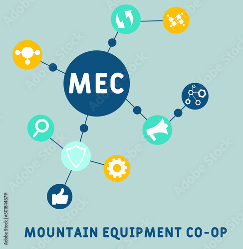 MEC - Mountain Equipment Co-Op acronym. business concept background.  vector illustration concept with keywords and icons. lettering illustration with icons for web banner, flyer, landing pag