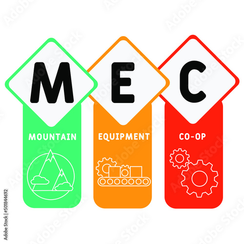 MEC - Mountain Equipment Co-Op acronym. business concept background.  vector illustration concept with keywords and icons. lettering illustration with icons for web banner, flyer, landing pag