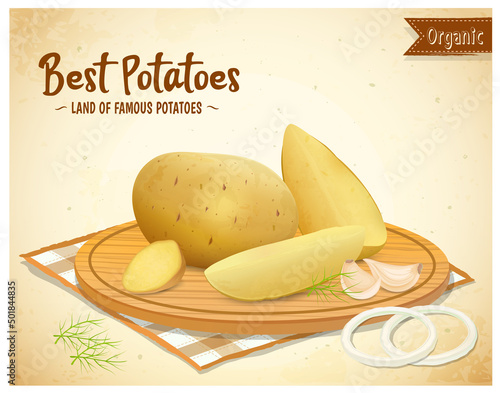 Potato and potato pieces vector illustration on round wooden chopping board on brown background