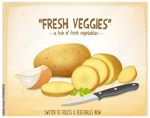 Potato vector illustration with chopped Slices of potato and onion