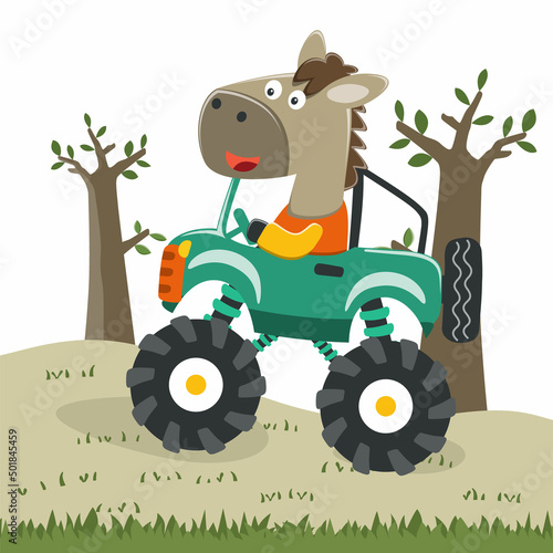 Cute little horse driving a monster car go to forest funny animal cartoon,vector illustration. Vector illustration. T-Shirt Design for children. Design elements for kids.
