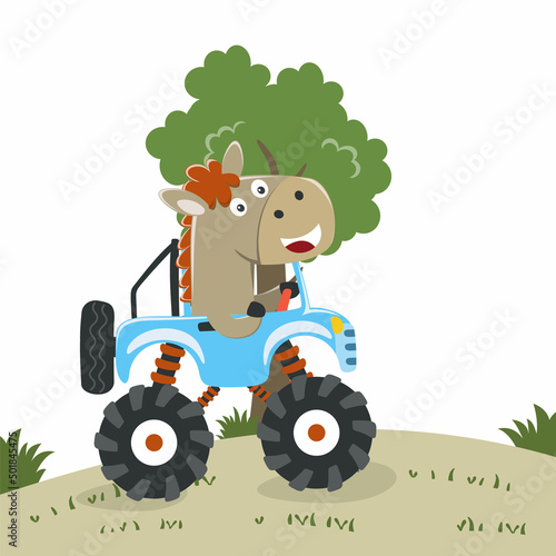 Cute little horse driving a monster car go to forest funny animal cartoon,vector illustration. Vector illustration. T-Shirt Design for children. Design elements for kids.