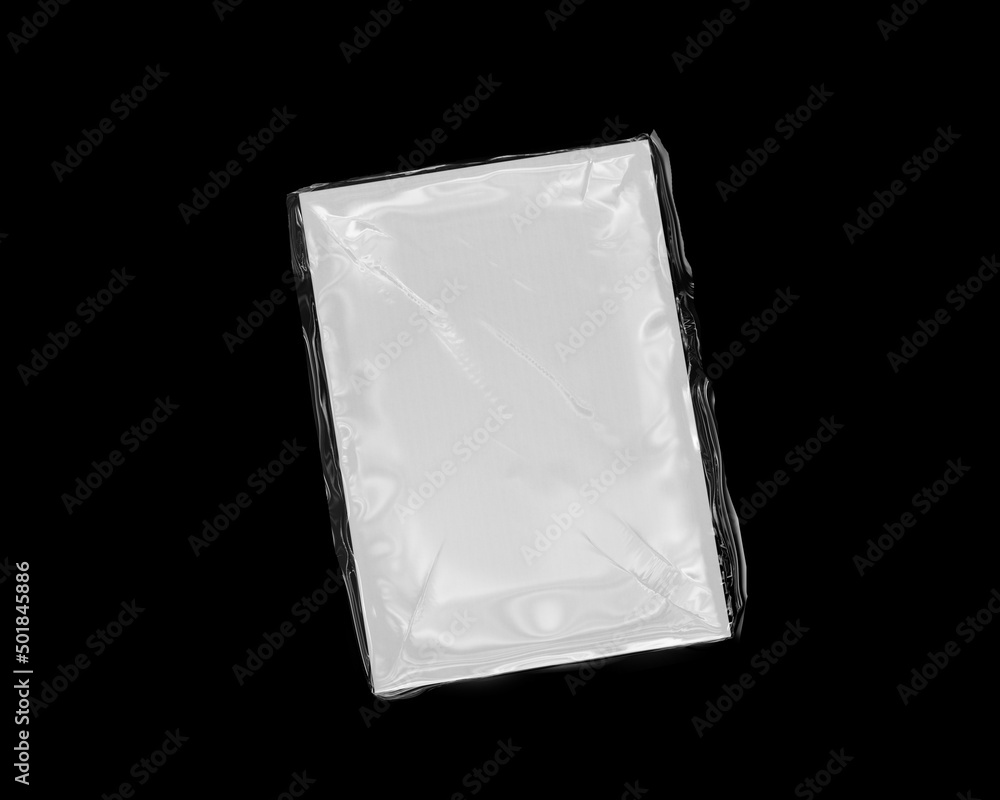 White blank A4 magazine wrapped with clear thin plastic on black background White blank A4 magazine wrapped with clear thin plastic on black background