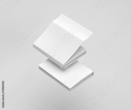 Two white plain empty floating hardcover front and back books with dust jacket cover