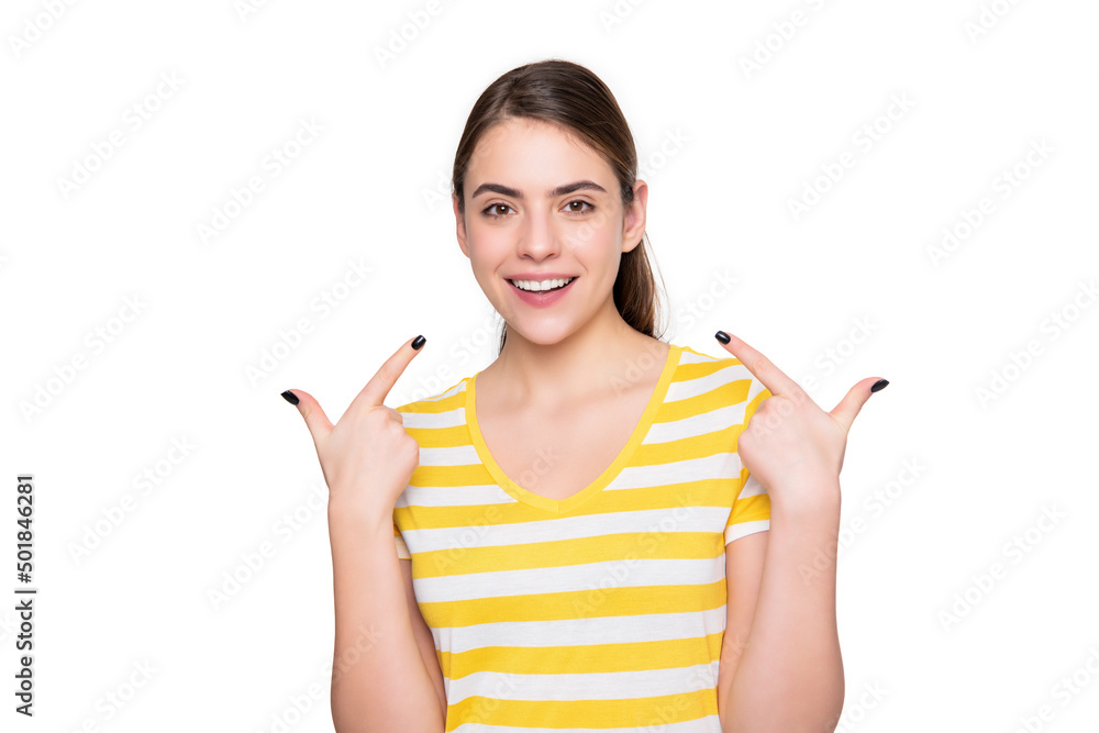 cheerful young girl in summer striped tshirt isolated on white background cheerful young girl in summer striped tshirt isolated on white background