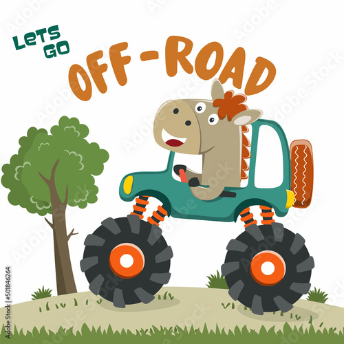 Vector illustration of monster truck with funny animal driver. Can be used for t-shirt print  kids wear fashion design  invitation card. fabric  textile  nursery wallpaper  poster and other decoration