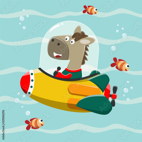 Diving with funny horse driving submarine. Creative vector childish background for fabric, textile, nursery wallpaper, poster, card, brochure. vector illustration background.
