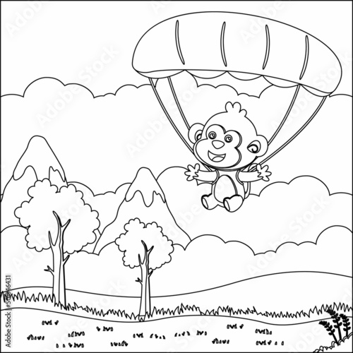 Vector cartoon illustration of skydiving with litlle monkey with cartoon style Childish design for kids activity colouring book or page.