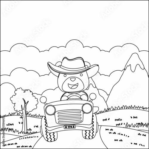 Cute bear cartoon having fun driving off road car on sunny day. Cartoon isolated vector illustration, Creative vector Childish design for kids activity colouring book or page.
