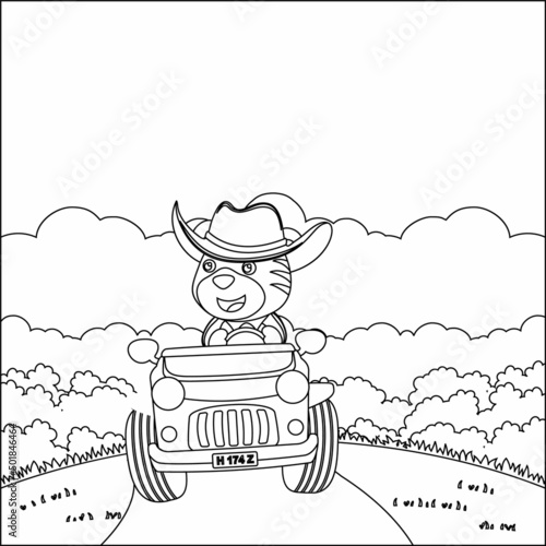 Cute tiger cartoon having fun driving off road car on sunny day. Cartoon isolated vector illustration, Creative vector Childish design for kids activity colouring book or page.