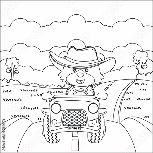 Cute bear cartoon having fun driving off road car on sunny day. Cartoon isolated vector illustration, Creative vector Childish design for kids activity colouring book or page.