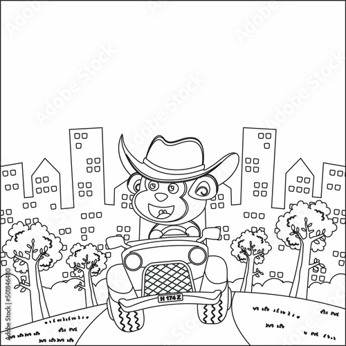 Cute monkey cartoon having fun driving off road car on sunny day. Cartoon isolated vector illustration, Creative vector Childish design for kids activity colouring book or page.