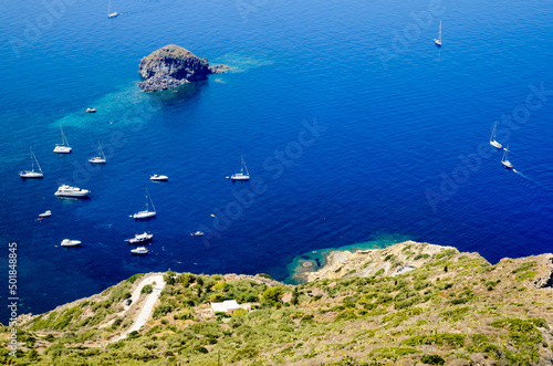 Aerial view of the sea from Punta Perciato, Pollara, Salina. Rocky coastline, Aeolian Islands Archipelago, Sicily, Italy. 