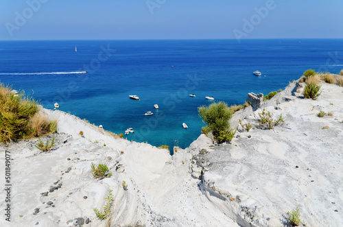 Lipari island, Aeolian Archipelago, Sicily, Italy. Panoramic view of the beautiful white beach of volcanic Pumice dust at Cava di Pomice.
