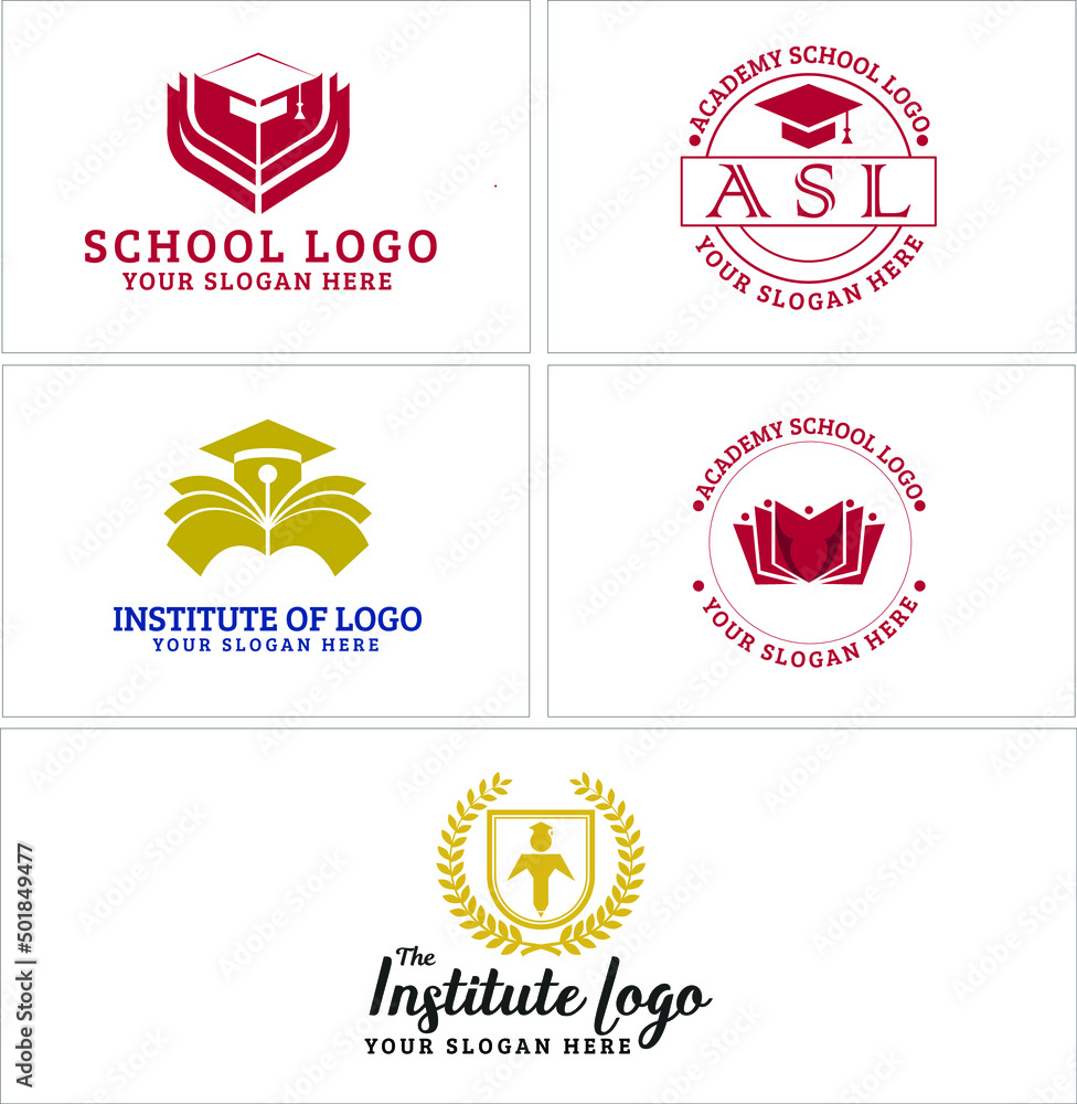 A set of education institute and school logo design template with various symbol such as book, hat graduation, pen, and people vector illustration