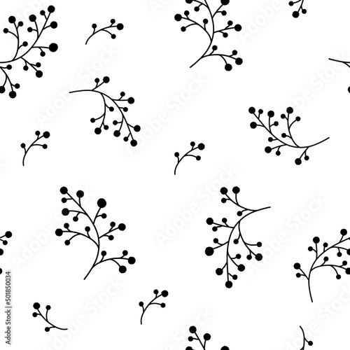 Floral Seamless pattern texture with Black berries sprigs. White background. Vector illustration with twigs.