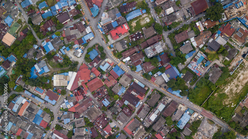 An aerial top down view of houses middle class income at Kampung Baru, Kuala Lumpur