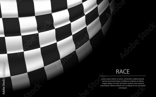 Waving checkered race flag on dark background. Banner or ribbon