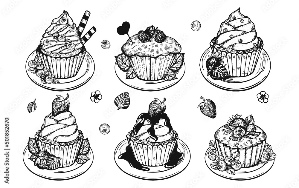 cupcakes set vector doodles. cupcakes with berries on plates vector sketch. collection of cupcakes with strawberries and blueberries vector drawing.