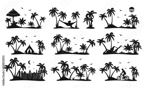 set of palm trees vector silhouette. Hammock trees silhouette palm vector. tent and palm trees vector logo. mountains and palms vector. night skyline and tropics vector