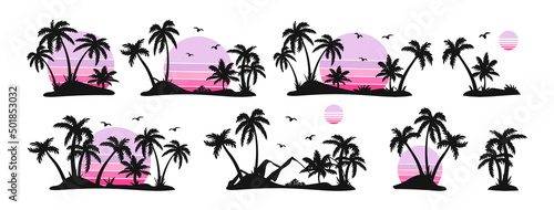 Fényképezés Silhouettes of palm trees and pink sun vector
